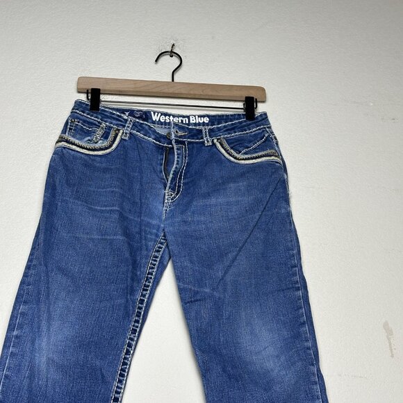 Western Blue Denim Jean Pant Women 30 Blue Embroidered Indie Rock Riding Bootcut - Picture 10 of 15